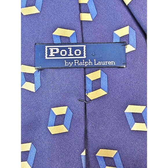 Polo By Ralph Lauren Mens Silk Tie Geometric Yellow Blue Cube Pattern USA - Picture 6 of 7